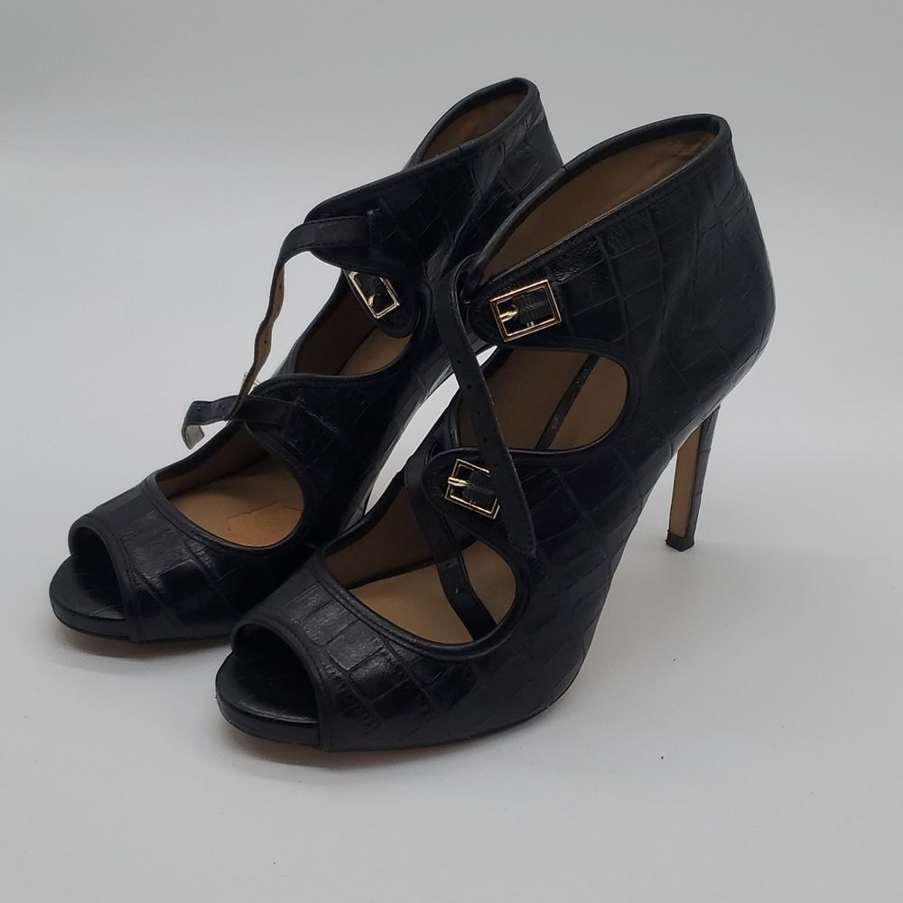 Ann Taylor black leather peep toe heels, 4", 6, straps, gold hardware